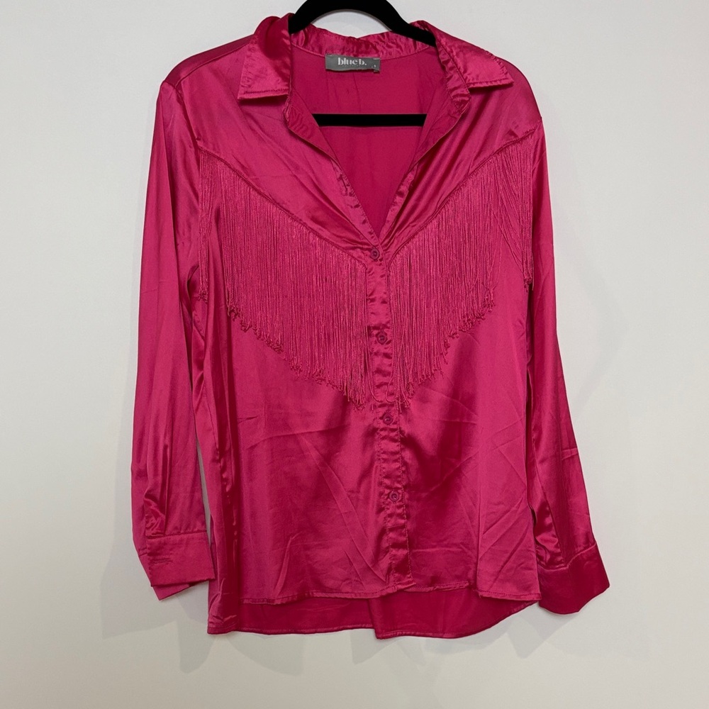 Elegant Fuchsia Satin Button Down Shirt with fringe